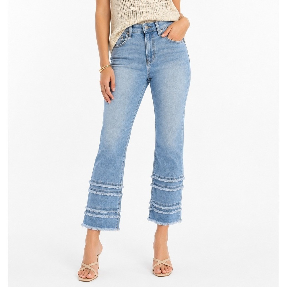 Liverpool Hannah Crop Flare Jeans Indigo Light Wash Fringed Hem 4/27 NEW